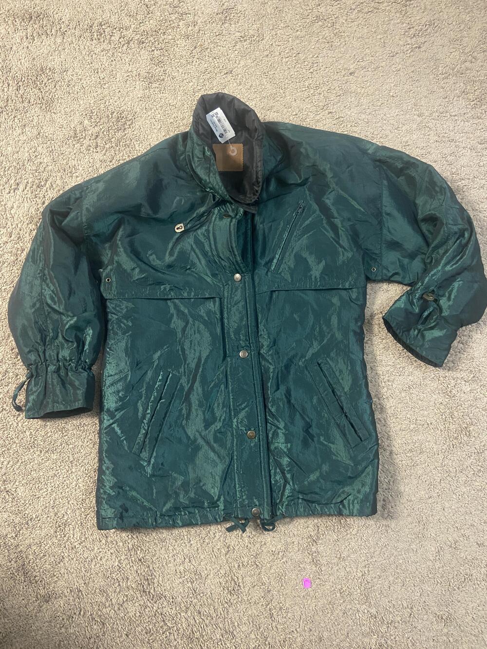 Nylon Parka Jacket Mens Medium Green Full Zip Lined Pockets Drawstring Hem